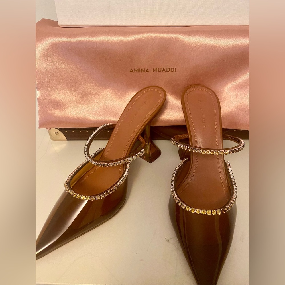 Amina Muaddi Gilda Embellished Transparent Plexi Mules